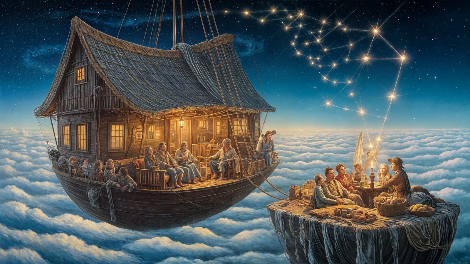 Floating Sky Inn: A Cozy Fantasy Oil Painting