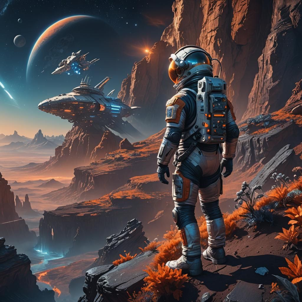 Astronaut on Alien Planet with Spaceship: Sci-Fi Concept Art