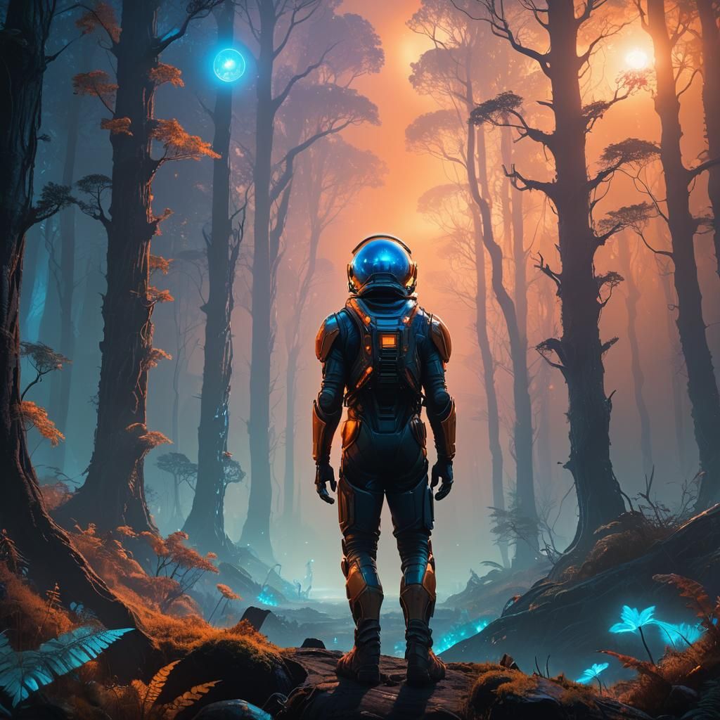 Alien Explorer in Iridescent Forest Concept Art