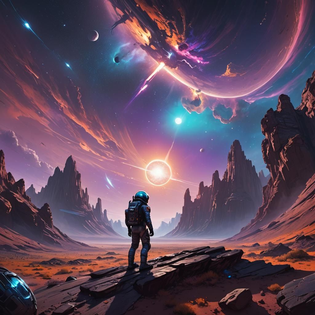 Astronaut Gazing at Portal on Alien Planet