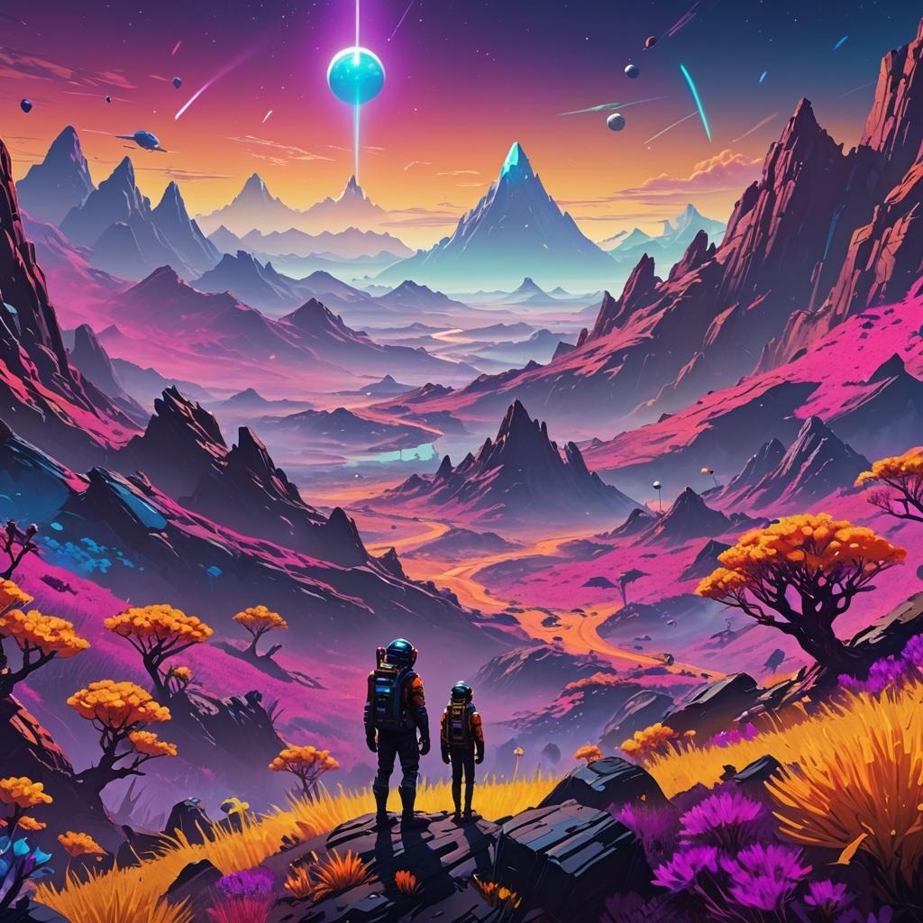 Alien Explorer on Iridescent Planet in Digital Art Style