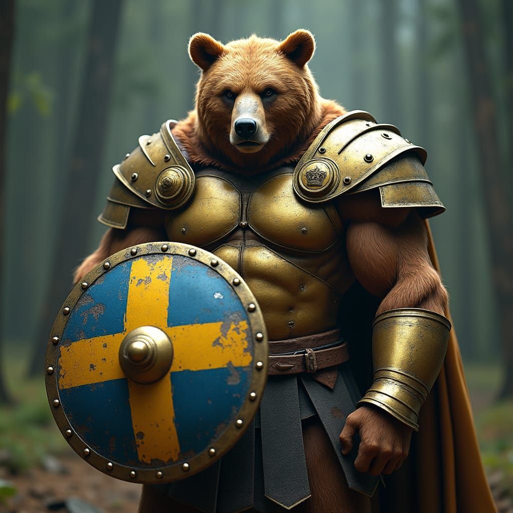 Heroic Bear-Human Hybrid in Golden Armor Film Still