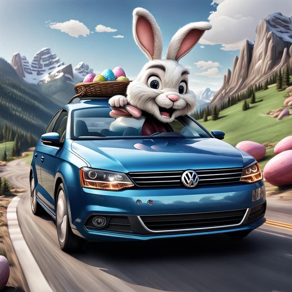 Easter Bunny Drives a Volkswagen Jetta in Rockies