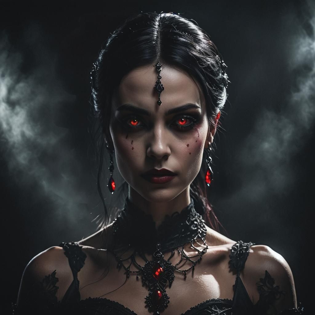 Mysterious Gothic Girl in Red and Black Dress