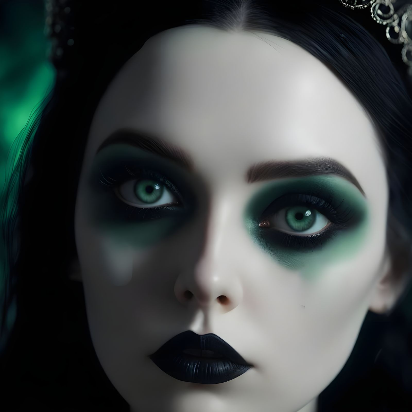 Gothic Witch with long black hair and green eyes with black ...