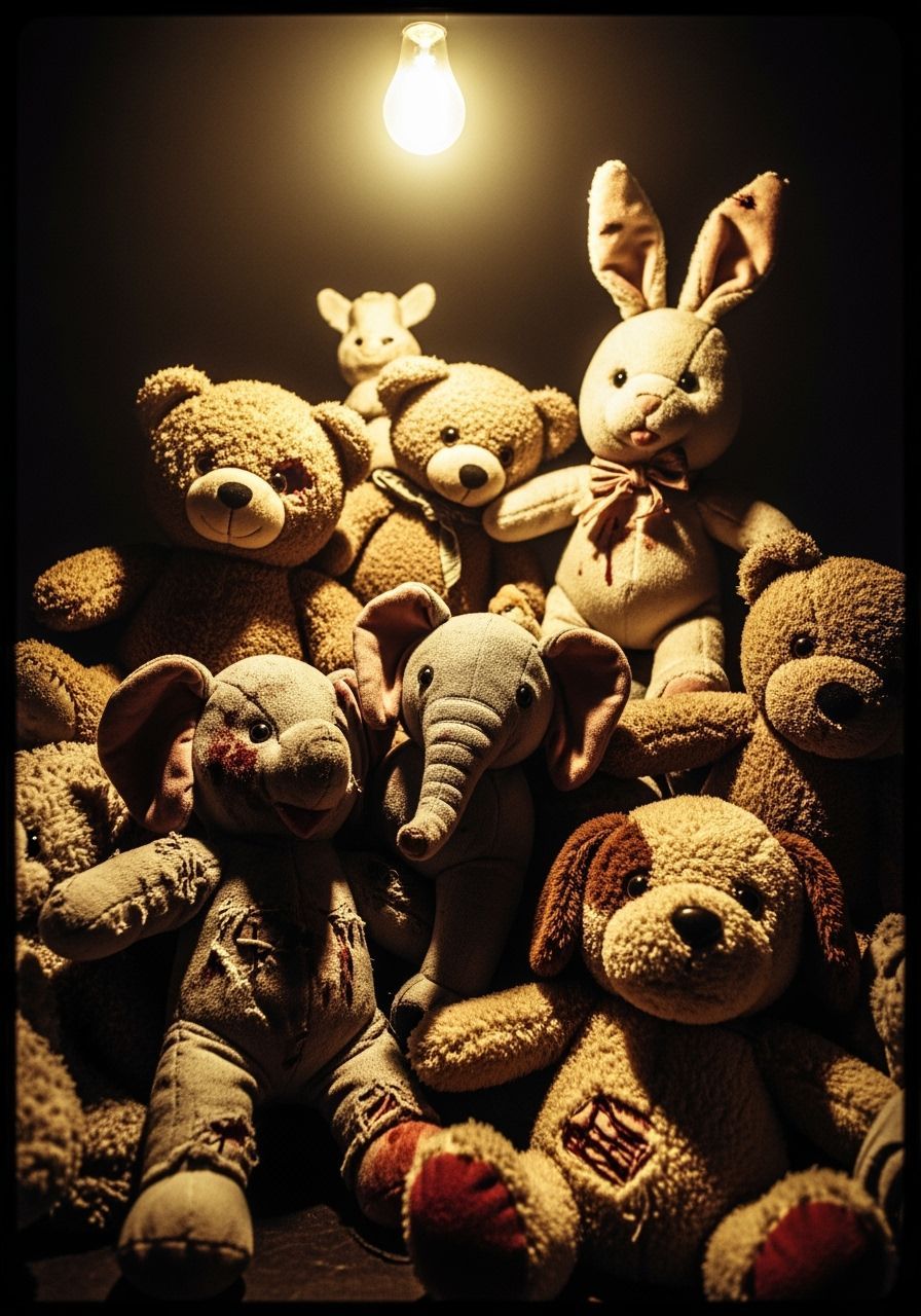 Eerie Pile of Damaged Stuffed Animals Under Flickering Light