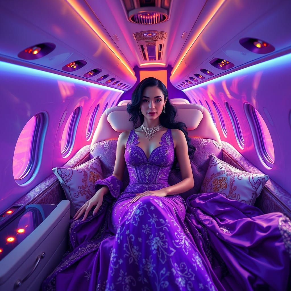 Luxurious Purple Airplane Interior with Elegant Woman