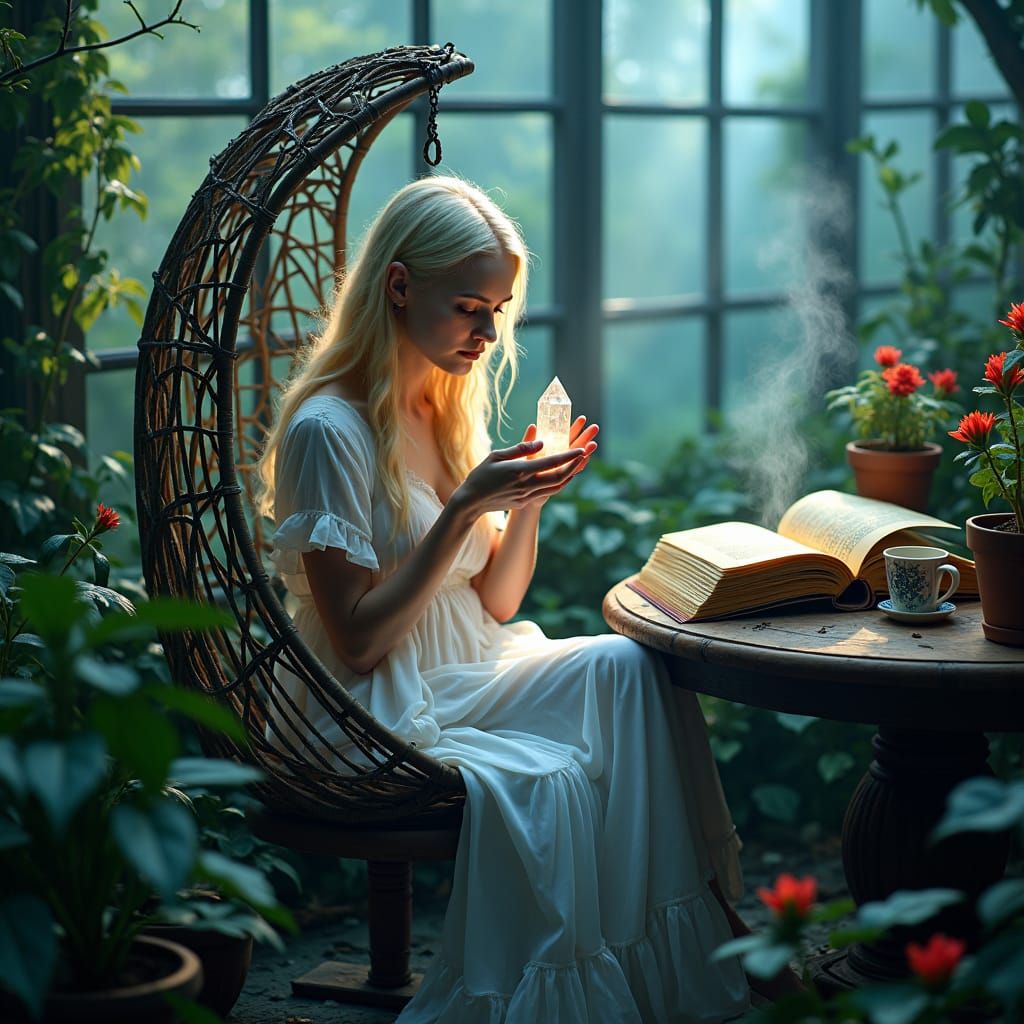 Blonde Witch in Mystical Greenhouse with Crystal