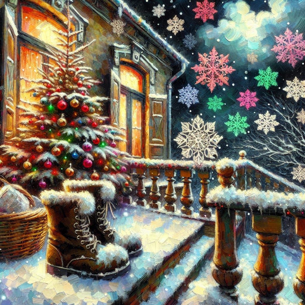 Victorian Christmas Scene with Snowy Tree and Felt Boots