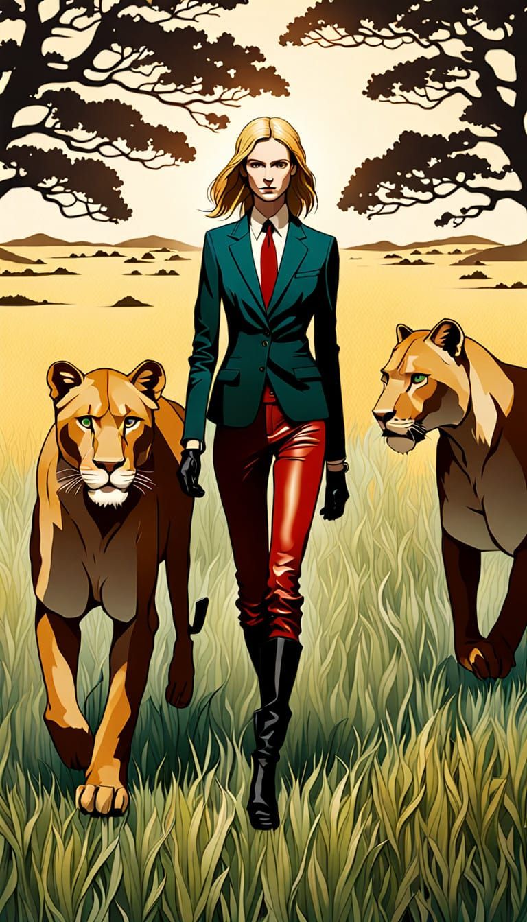 Confident Woman in Red Leather Strides with Majestic Lioness
