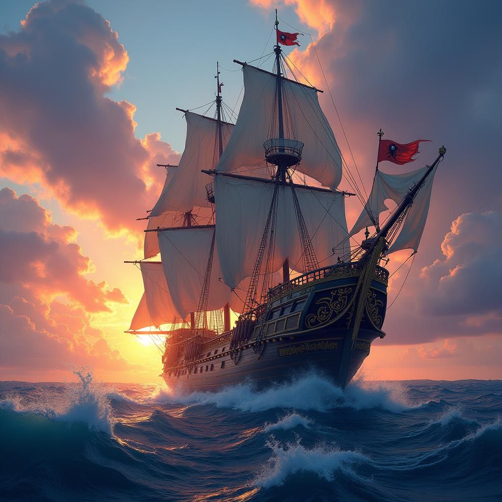 Pirate Ship Sails into Mystical Sunset