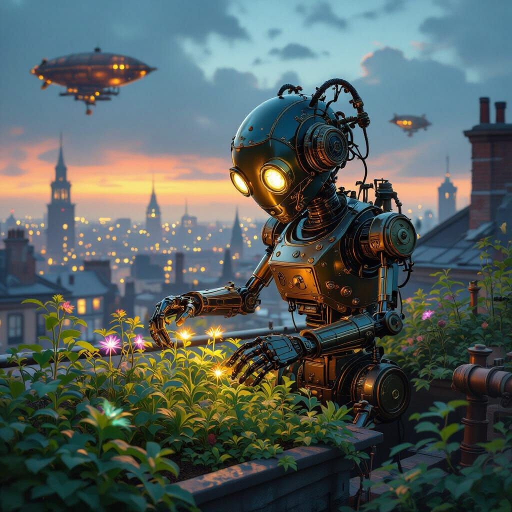 Steampunk Automaton Tends Bioluminescent Rooftop Garden