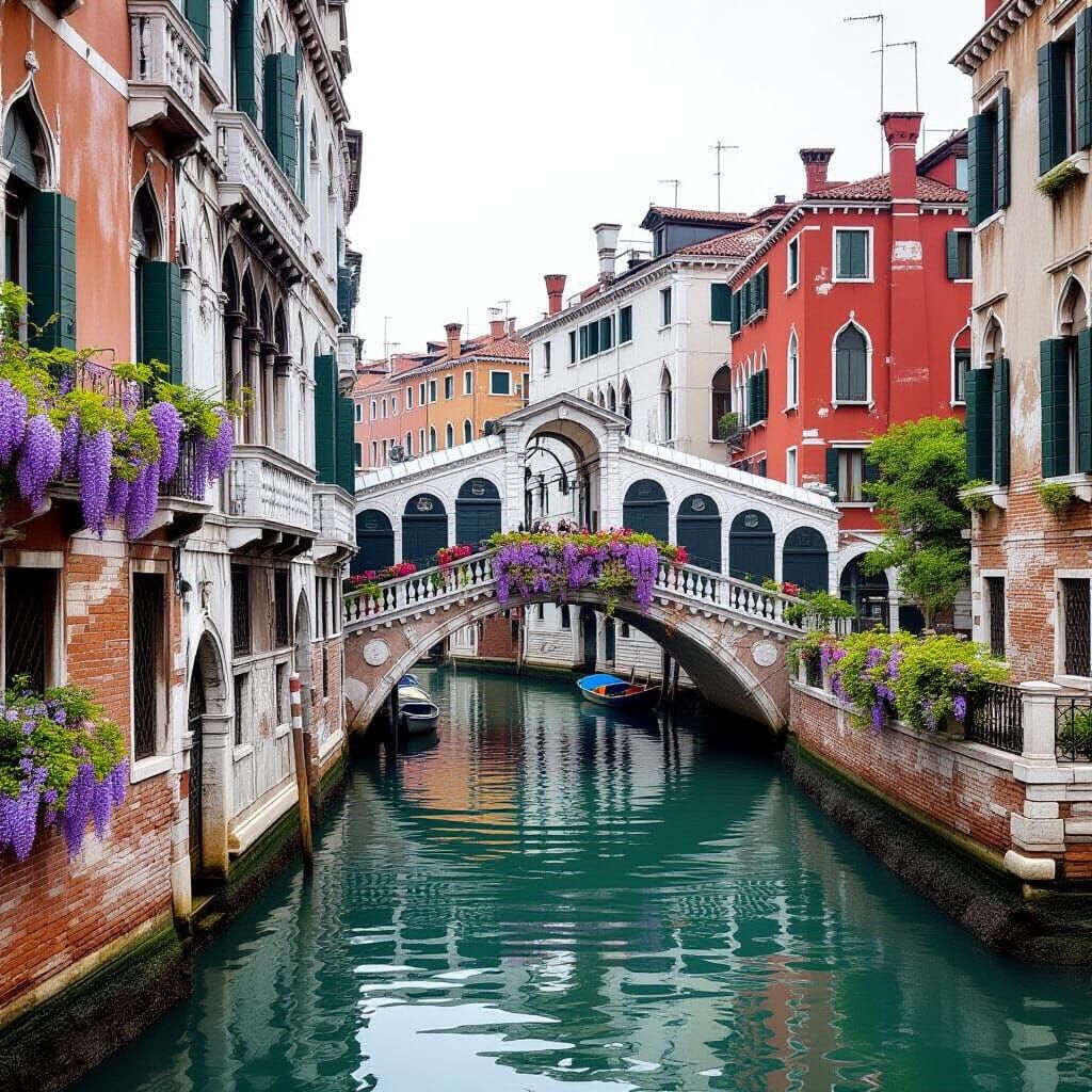 Dreamy Venice-like City with Wisteria Flowers