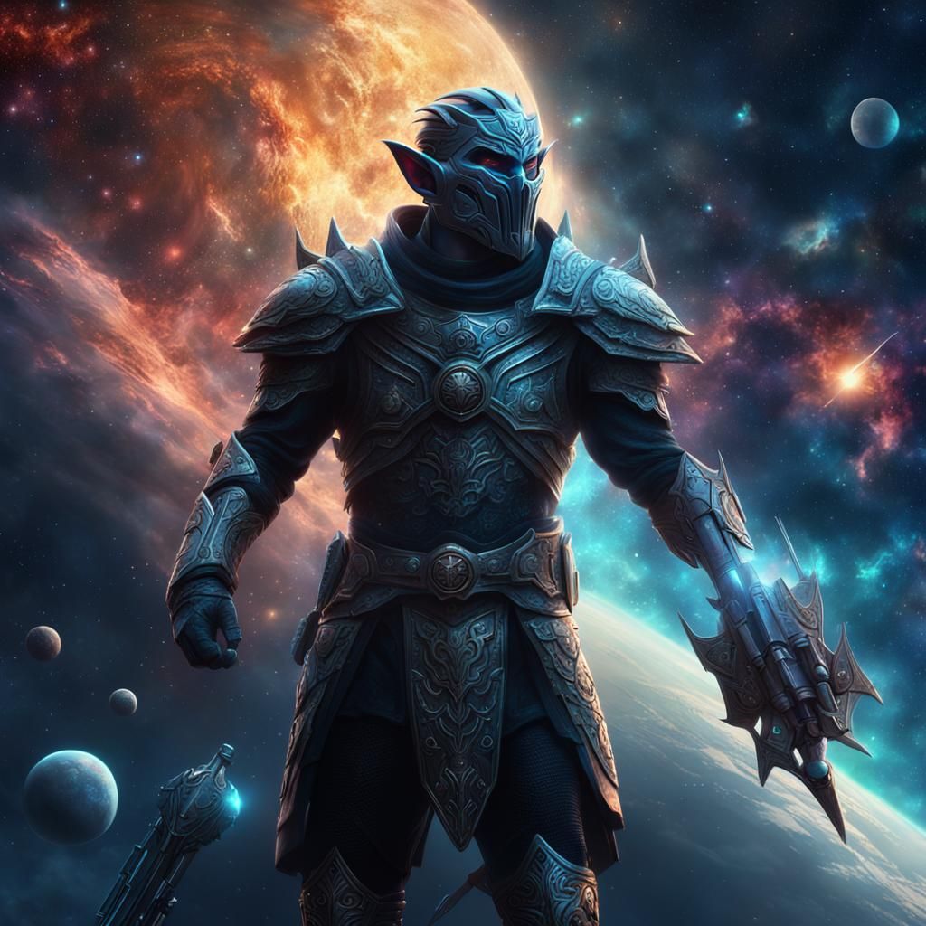 Epic Elf Warrior in Space Nebula