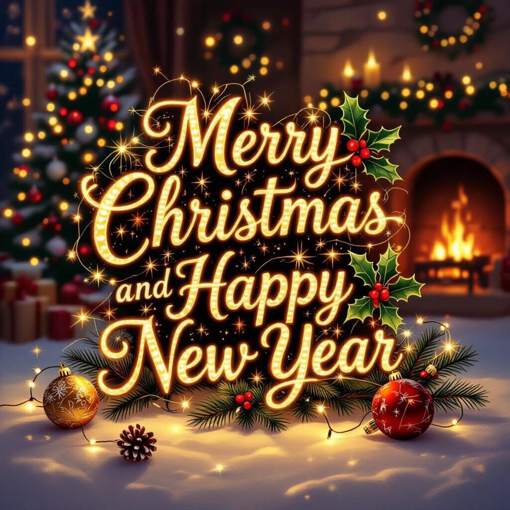 Merry Christmas & Happy New Year in Golden Script with Festi...
