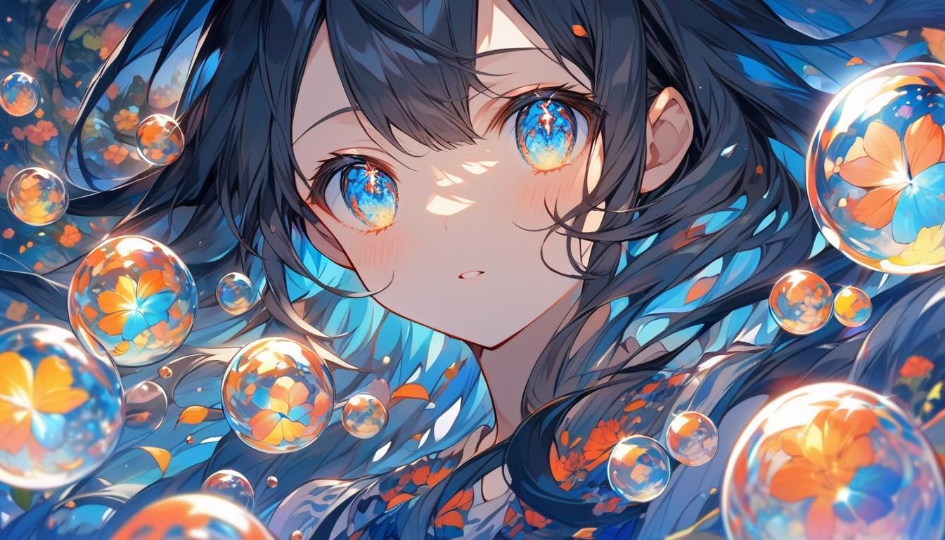 Anime Girl with Sparkling Eyes in Bubble Wonderland