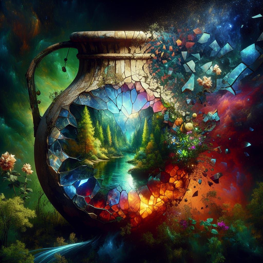 Primordial World Thriving Inside Shattered Glass Jug