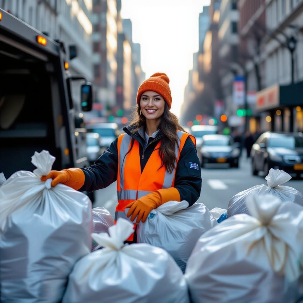 Sanitation Worker on a Garbage Truck in City Environment