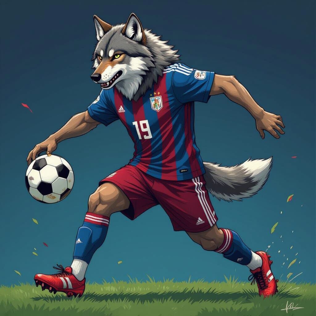 Wolf Soccer Player in Vibrant Digital Painting