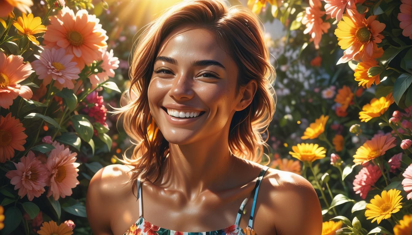 Smiling Woman in Floral Setting: Realistic Digital Art