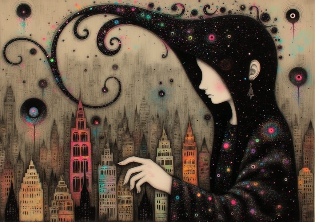 Metropolis in Art Nouveau Style with Psychedelic Effects