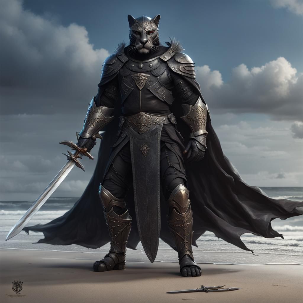 Dark Panther Warrior on the Beach: Fantasy Art