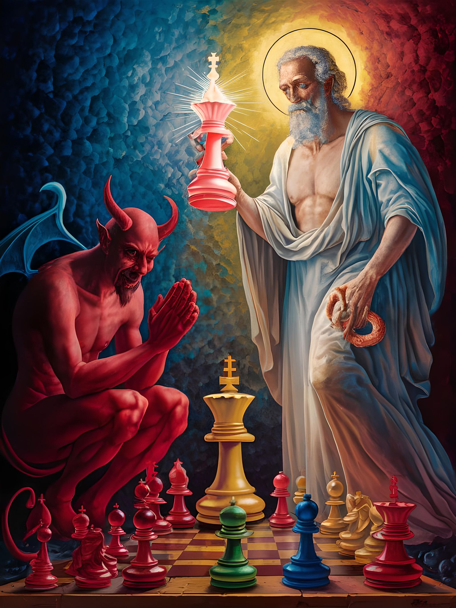 God Checkmates Devil in Neo-Impressionist Painting