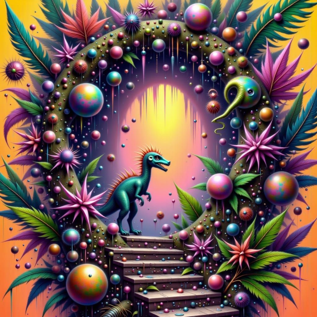 Dinosaur Through Portal in Mystical Landscape Style