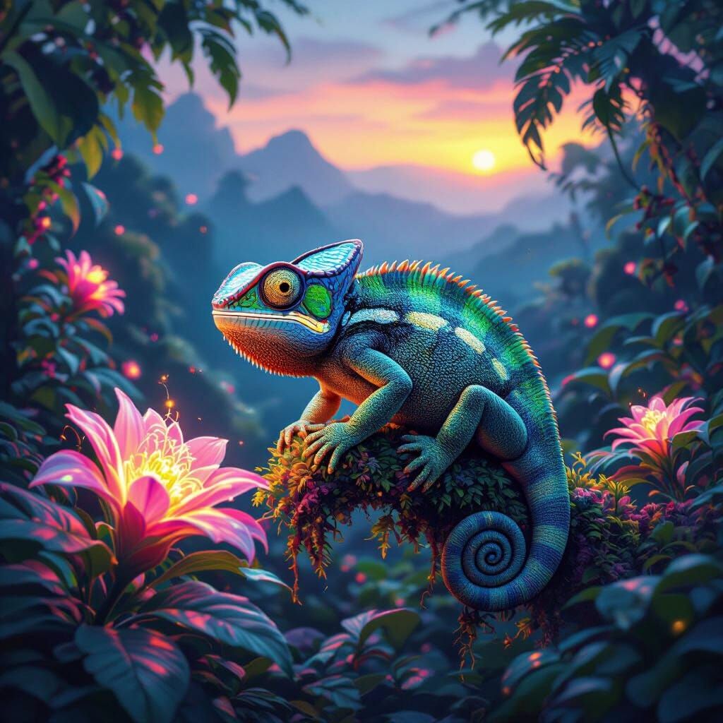 Chameleon on Alien Flora in Bioluminescent Jungle