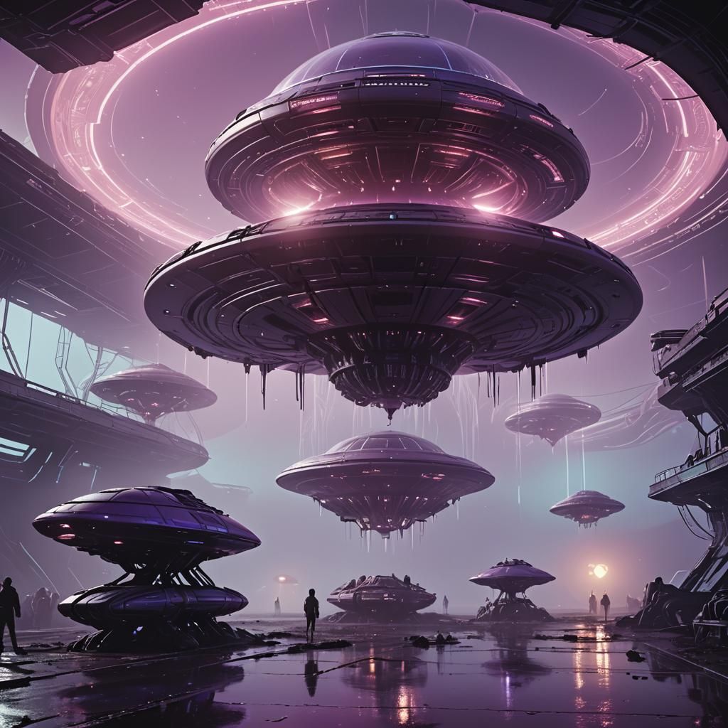 Cyberpunk UFO Descent in Neon-Lit Digital Art