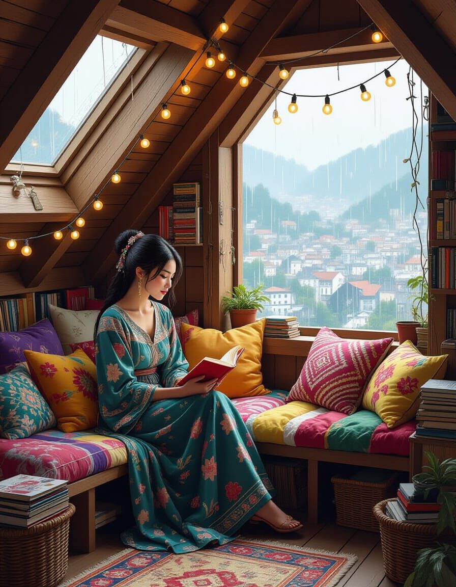 Cozy Attic Reading Nook with Hmong Lady