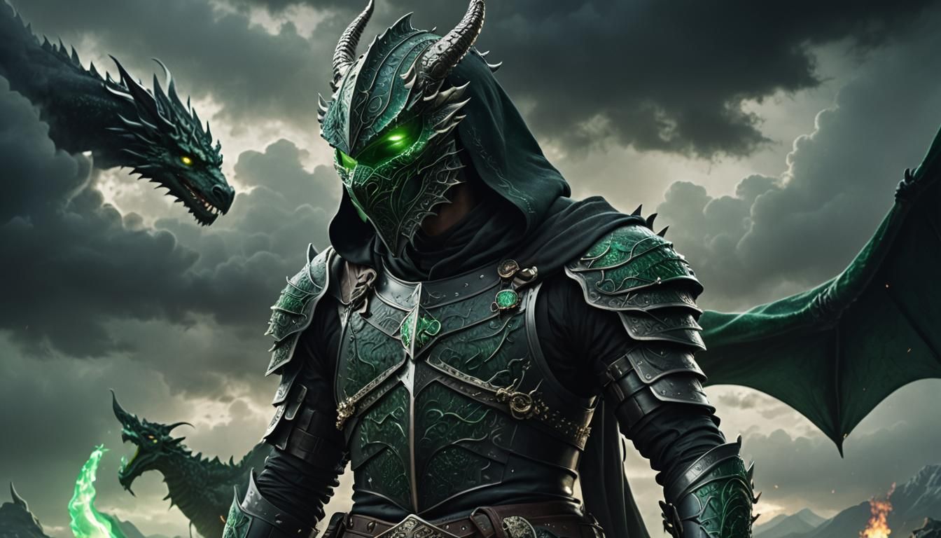 Dark Fantasy Knight Battles a Radiant Green Dragon Under Bla...