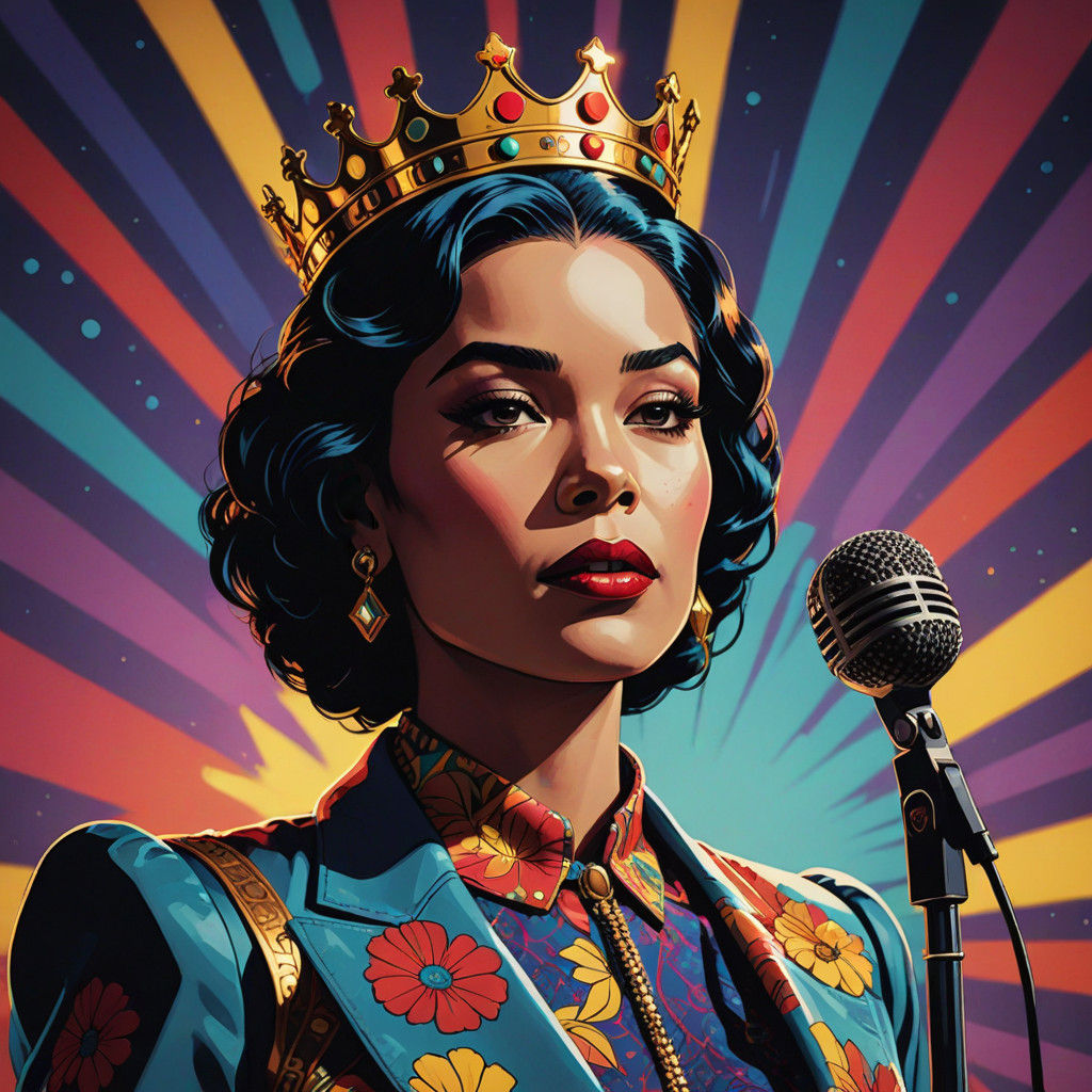 Confident Pop Art Queen with Microphone in Smoky Stage Setti...
