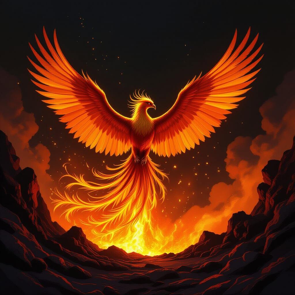 Majestic Phoenix Rises from Molten Gold Crater