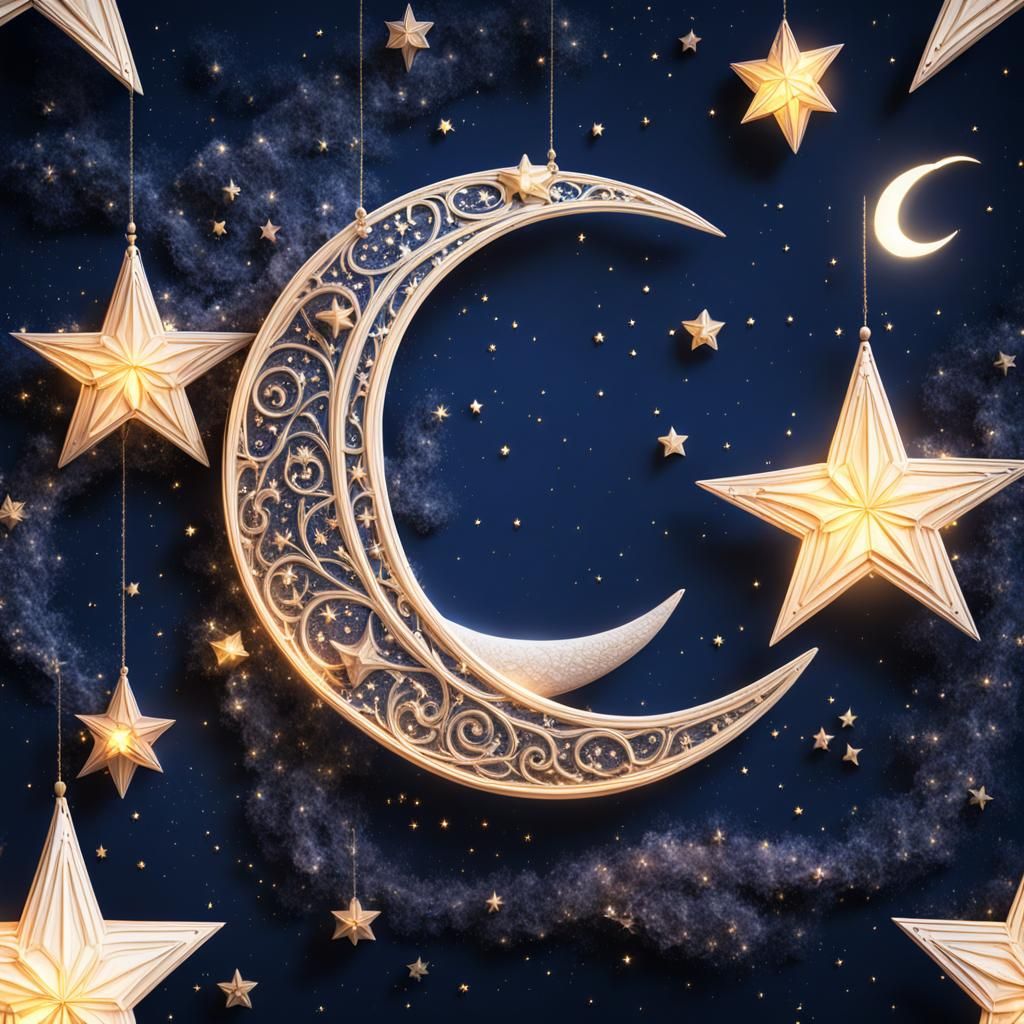 Twinkling Stars and Crescent Moon in Deep Color