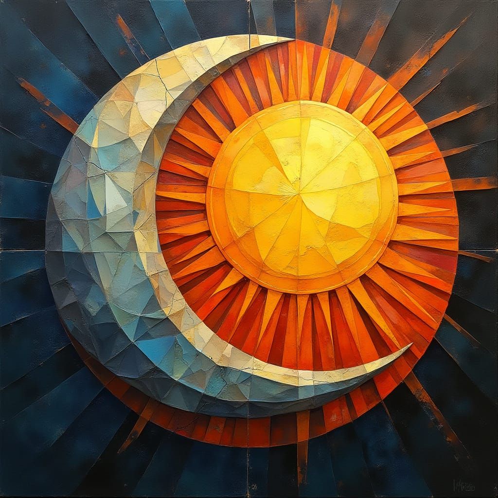 Cubist Sun and Moon Intertwined in Surreal Style