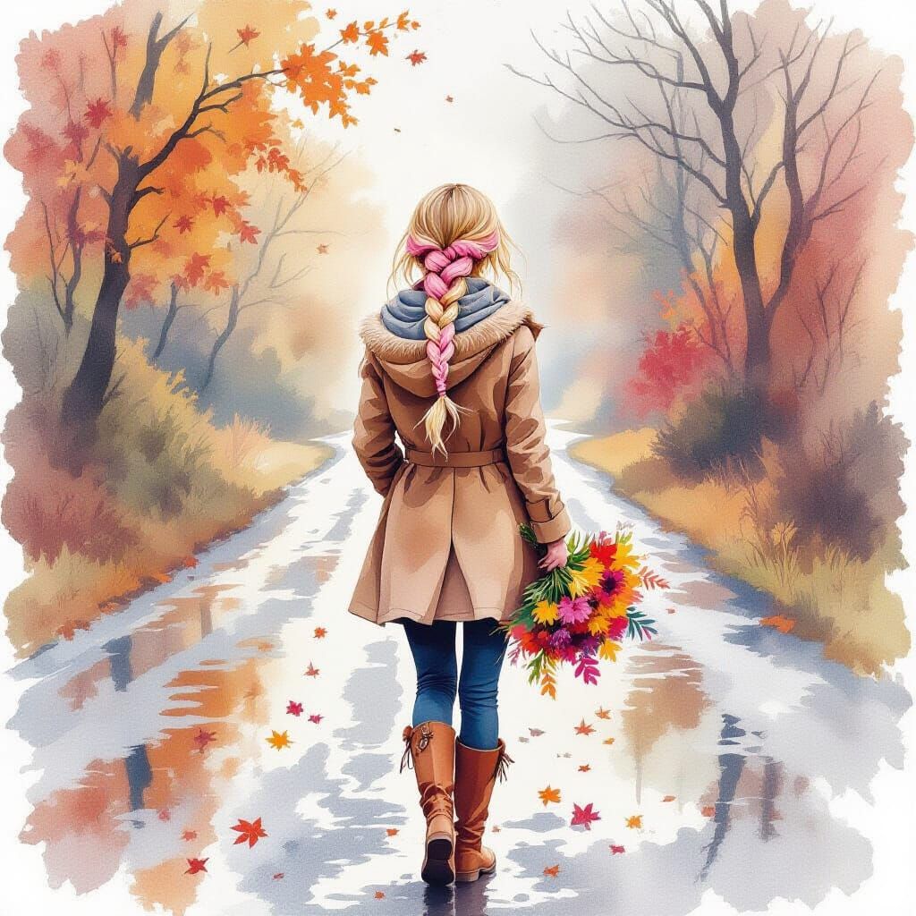 Girl with Pink Hair in Puddle-Filled Road, Expressive Waterc...