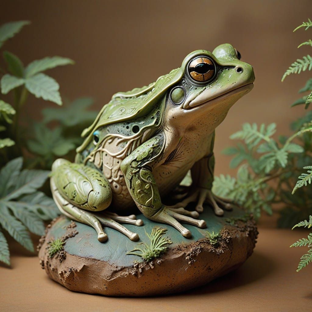 Earthenware Clay Sculpture of Frogs in Whimsical Landscape