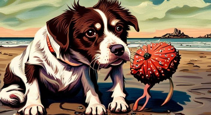 Dog and Sea Urchin in Norman Rockwell Style