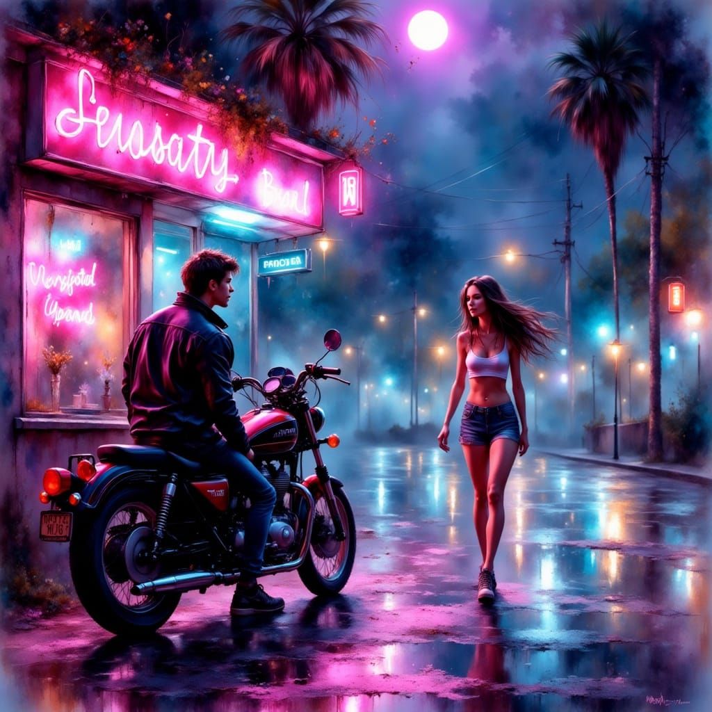 Synthwave Night Scene with Neon Reflections