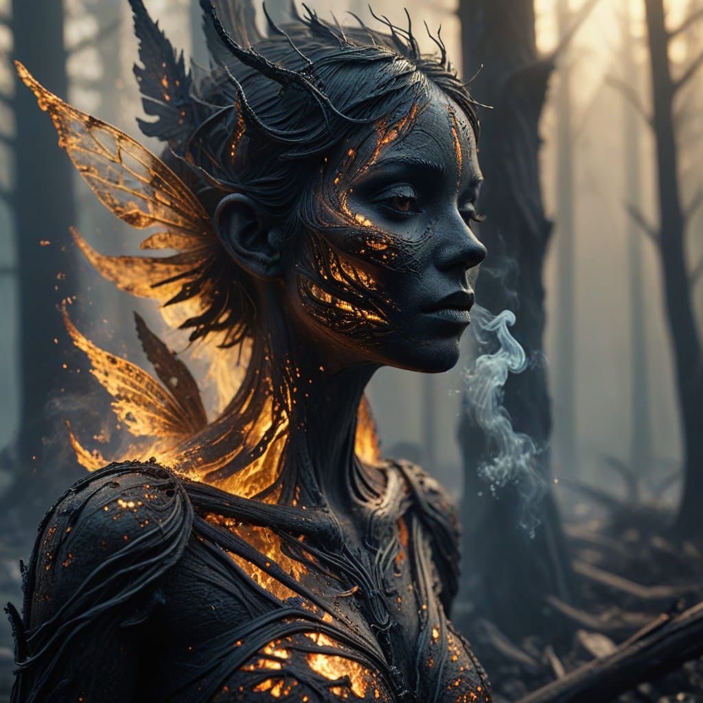 Ethereal Ash Fairy in Charred Forest: Surreal Fantasy Art