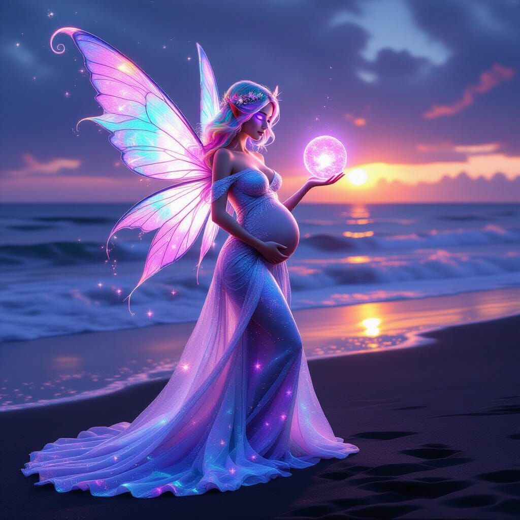 Pregnant Fairy with Rainbow Hair on Cosmic Beach