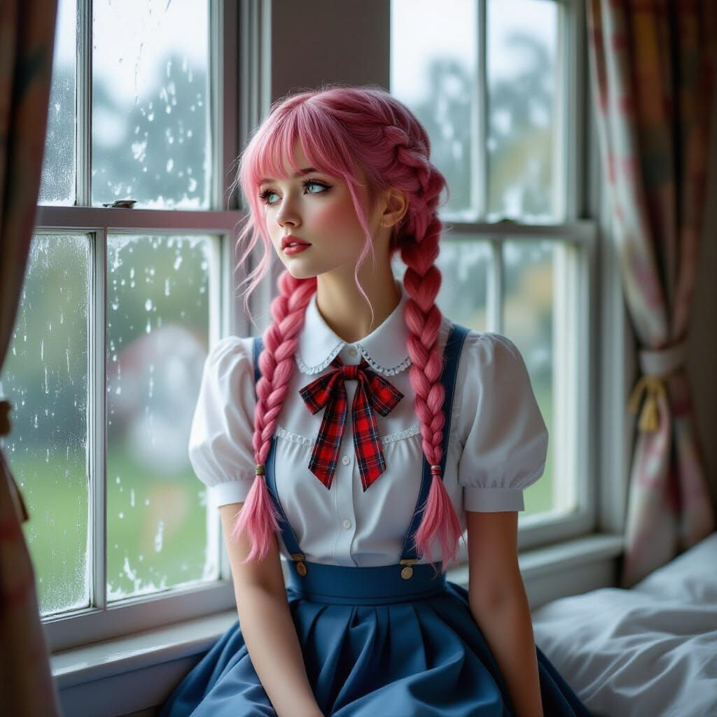 Melancholic Woman with Pink Hair by Rain-Streaked Window
