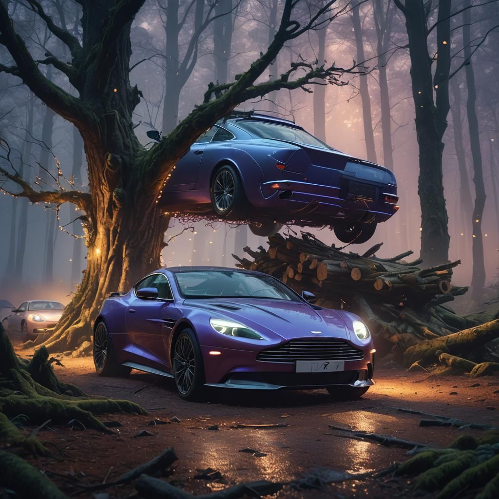 Aston Martin Vanquish and Woody in Mystical Forest