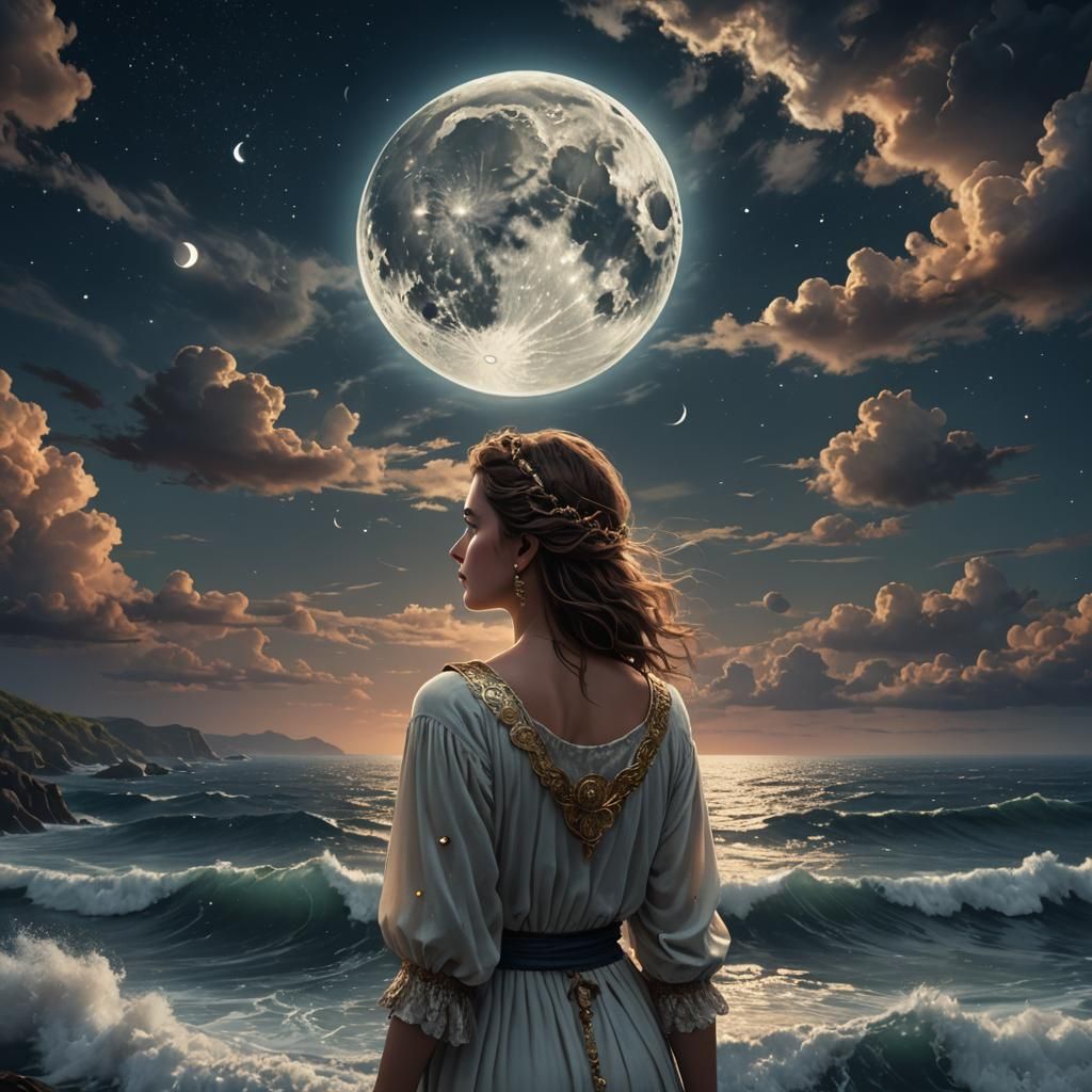 Woman Gazing at Moonlit Ocean Hologram
