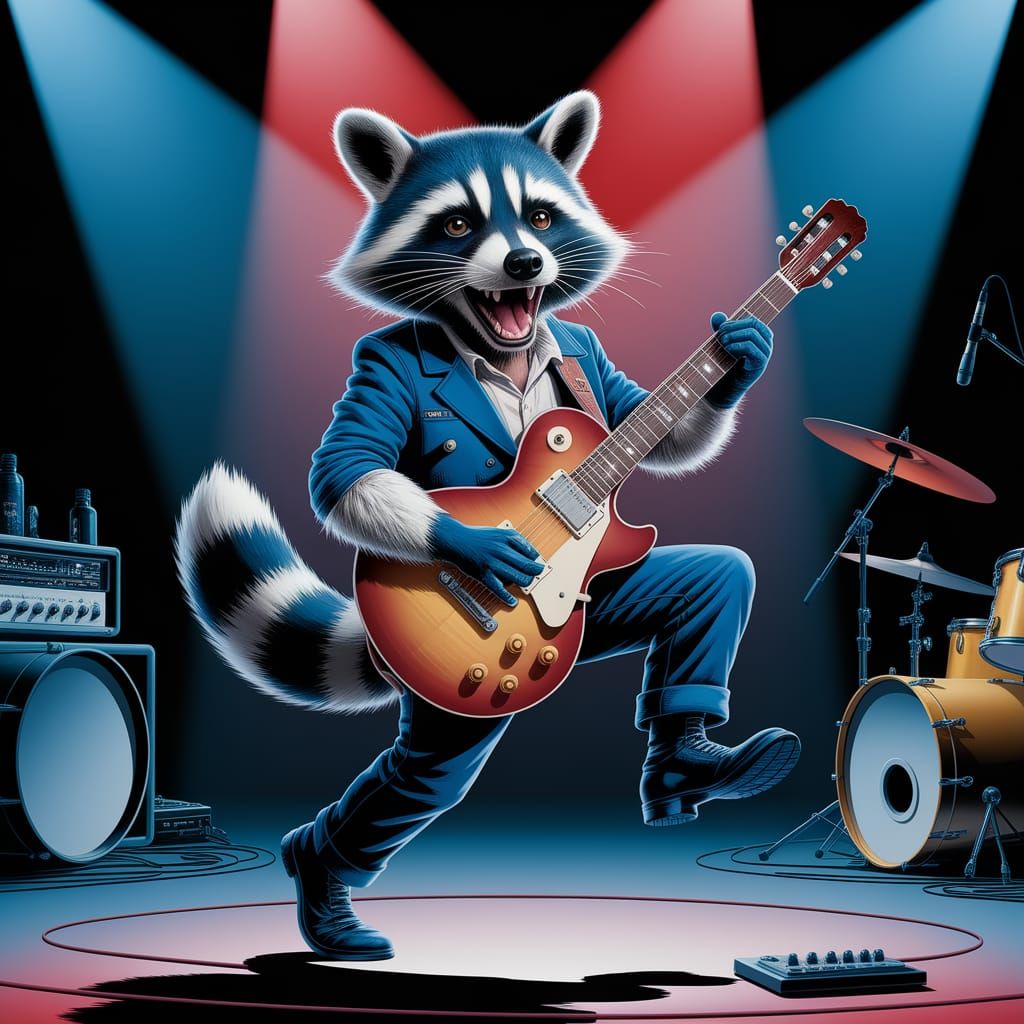 Rockstar Raccoon Performs on Stage in Hyperrealistic Oil Pai...