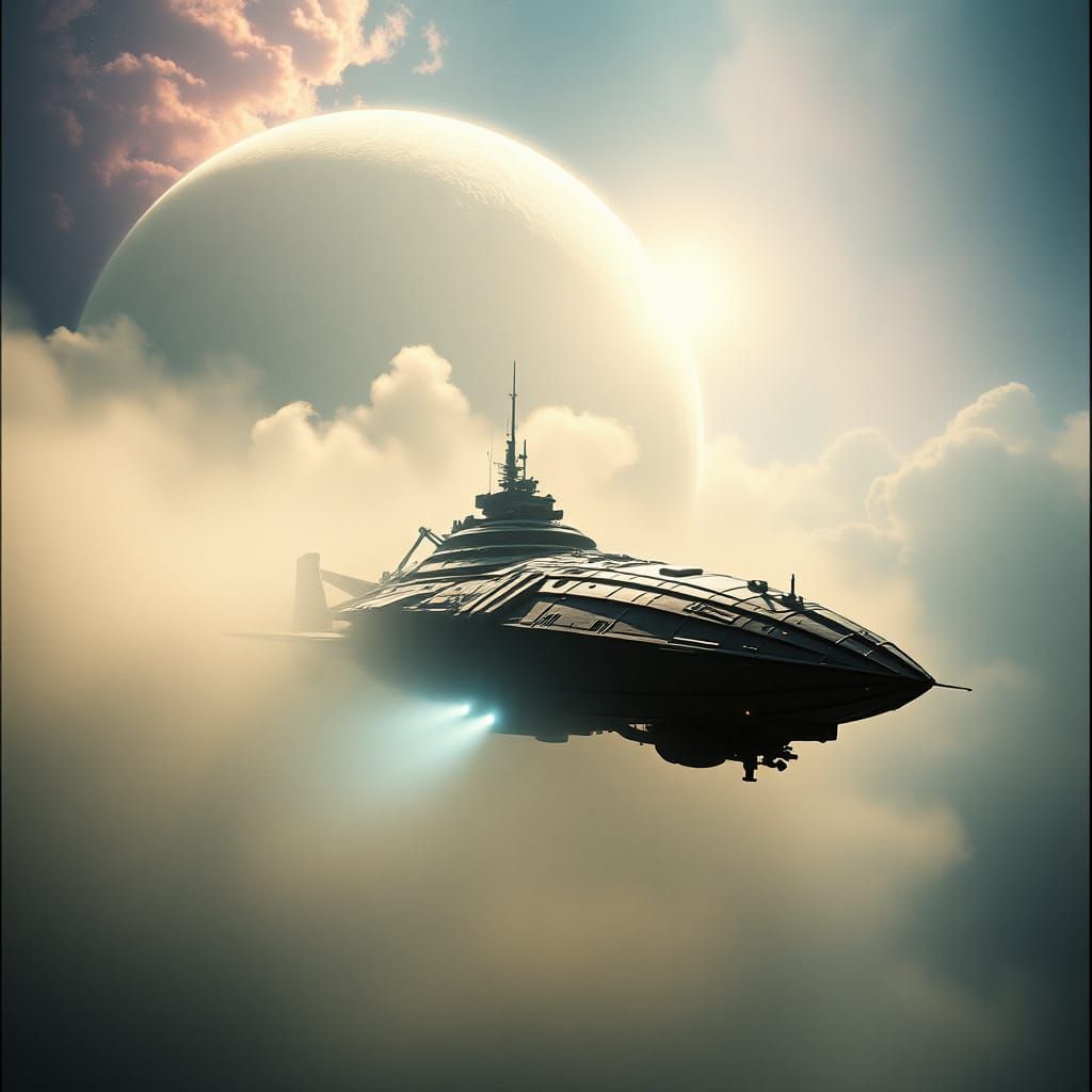 Spaceship Emerges from Nebula in Cinematic Style