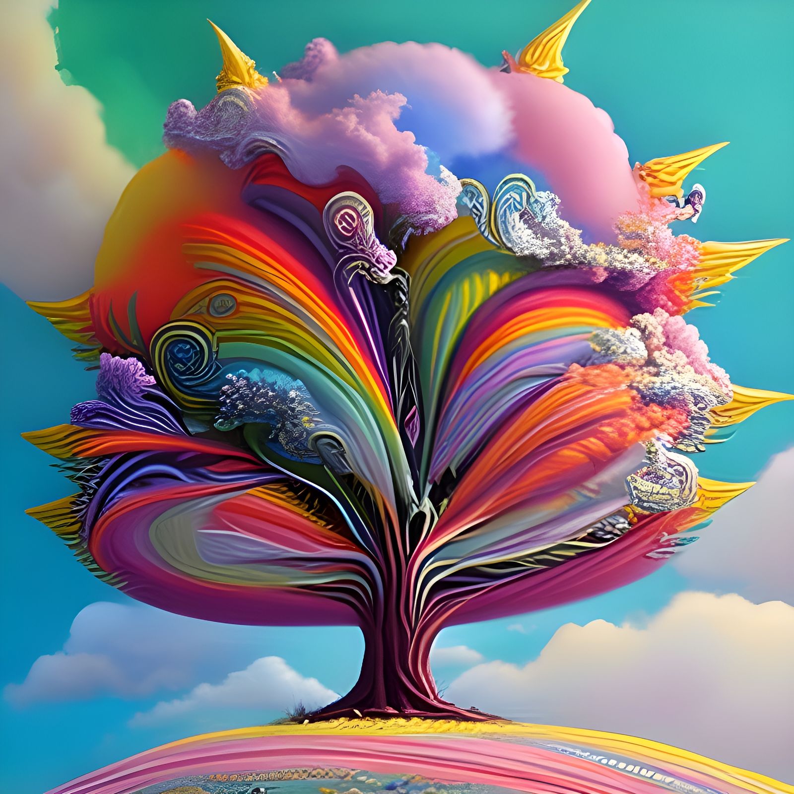 Colorful Cotton Candy Tree with Rainbow Clouds