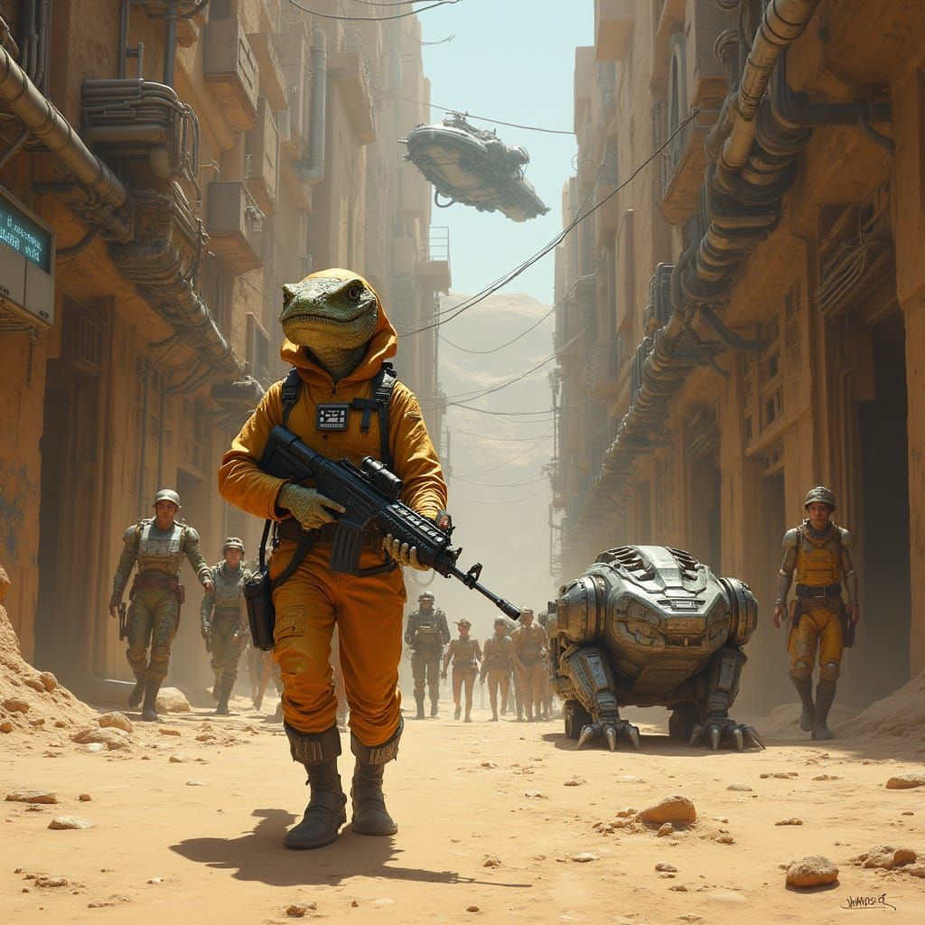 Reptilian Humanoid Patrols Industrial Alien City