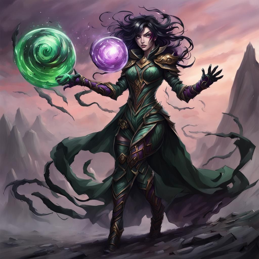 Sorceress with Magic Orb in Shattered Landscape